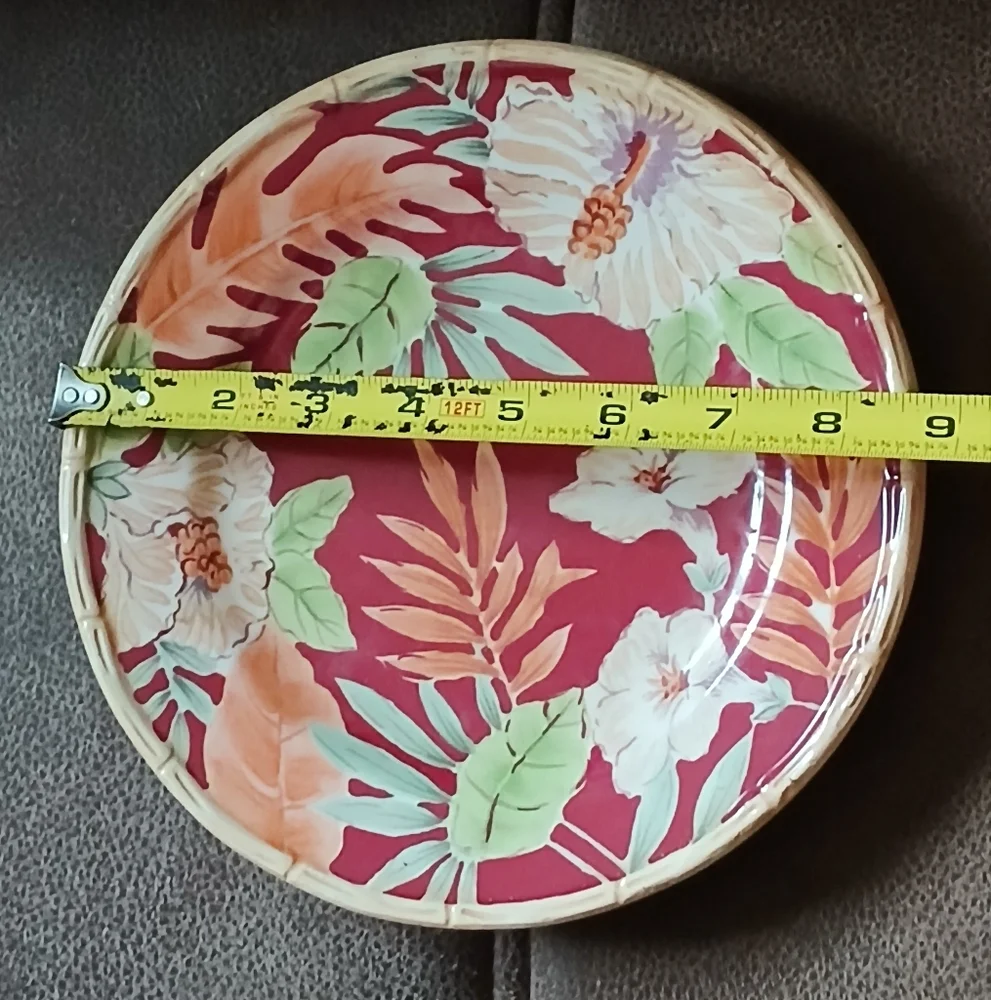 Home Trends Tropical Floral Salad Plate Hibiscus And Bamboo Design Burgundy